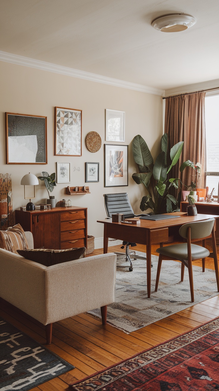 A cozy home office featuring various artworks on the wall, a stylish desk, and comfortable seating.