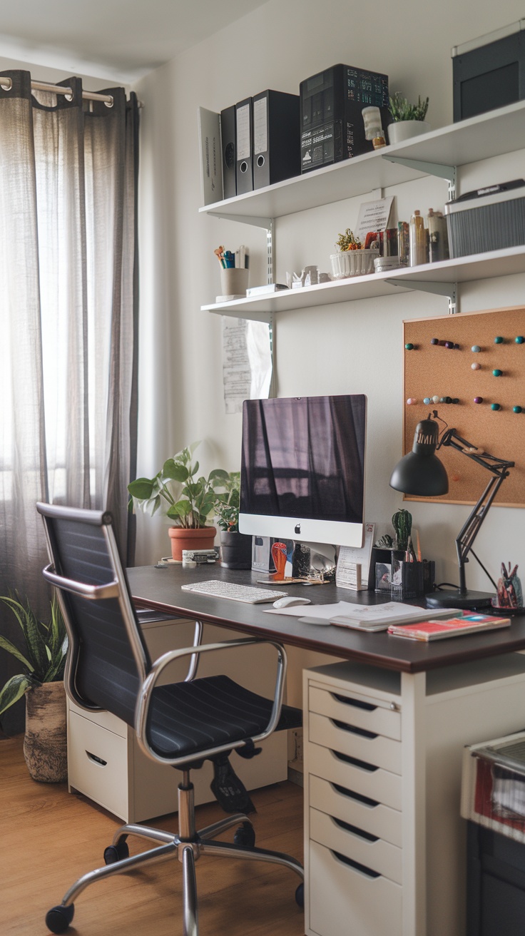 A cozy home office with a desk, computer, and decorative plants.