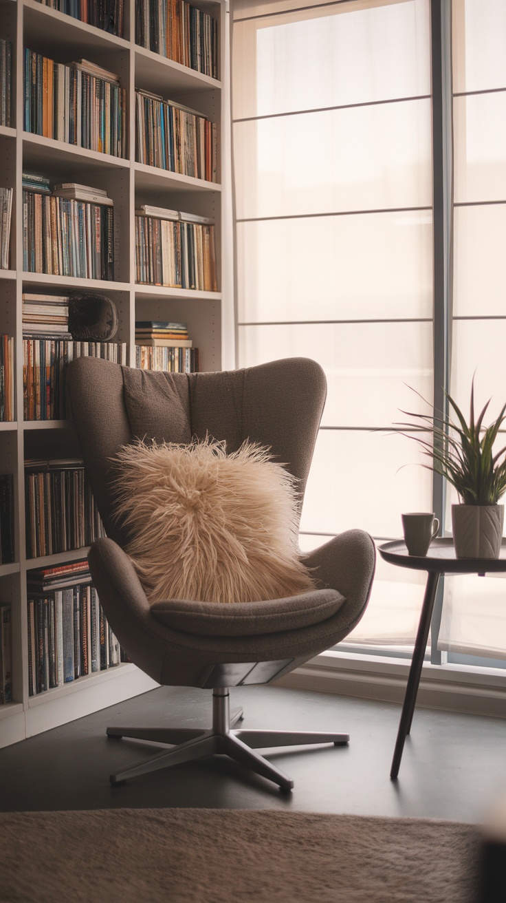 A cozy reading nook with a plush chair, fluffy pillow, and a bookshelf filled with books.