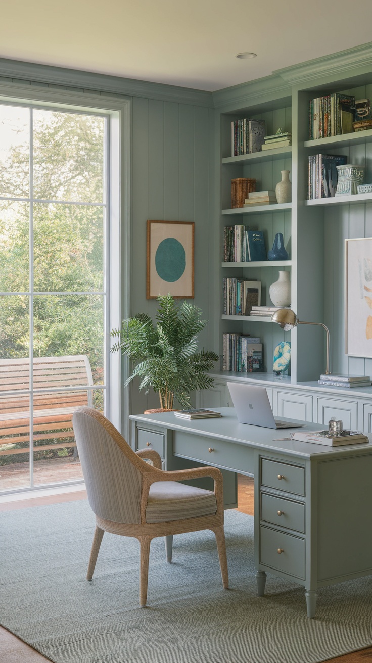 A calming home office with a blue-green color palette, a desk, and natural light.