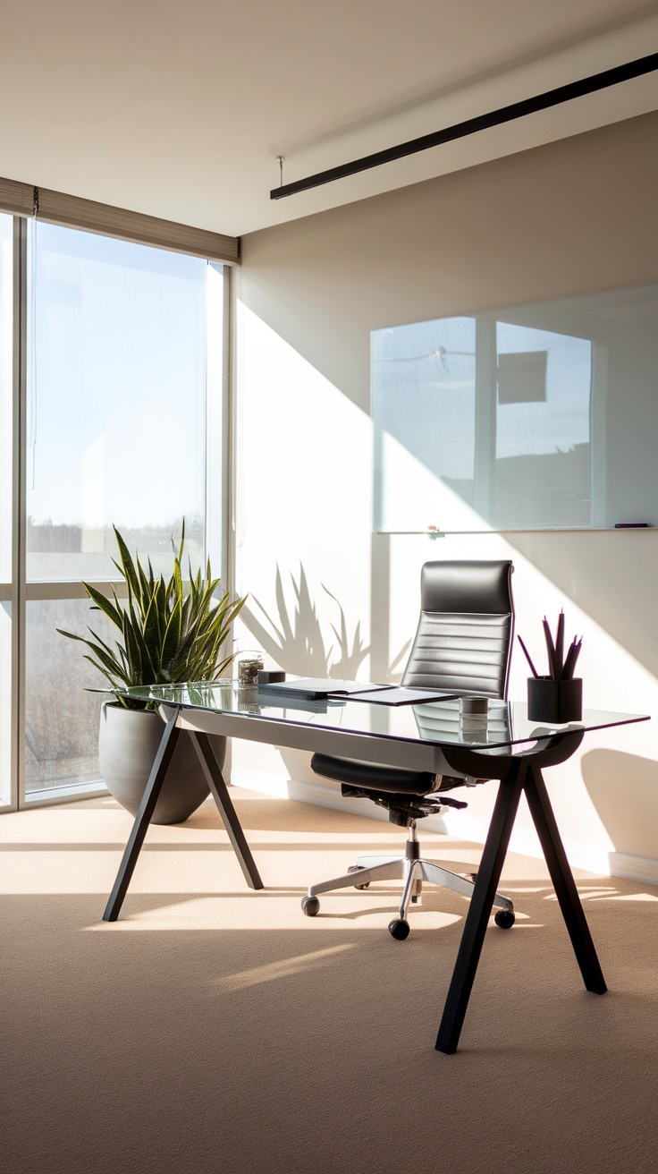 A modern home office with a glass desk, ergonomic chair, and plants, showcasing a bright and inviting workspace.