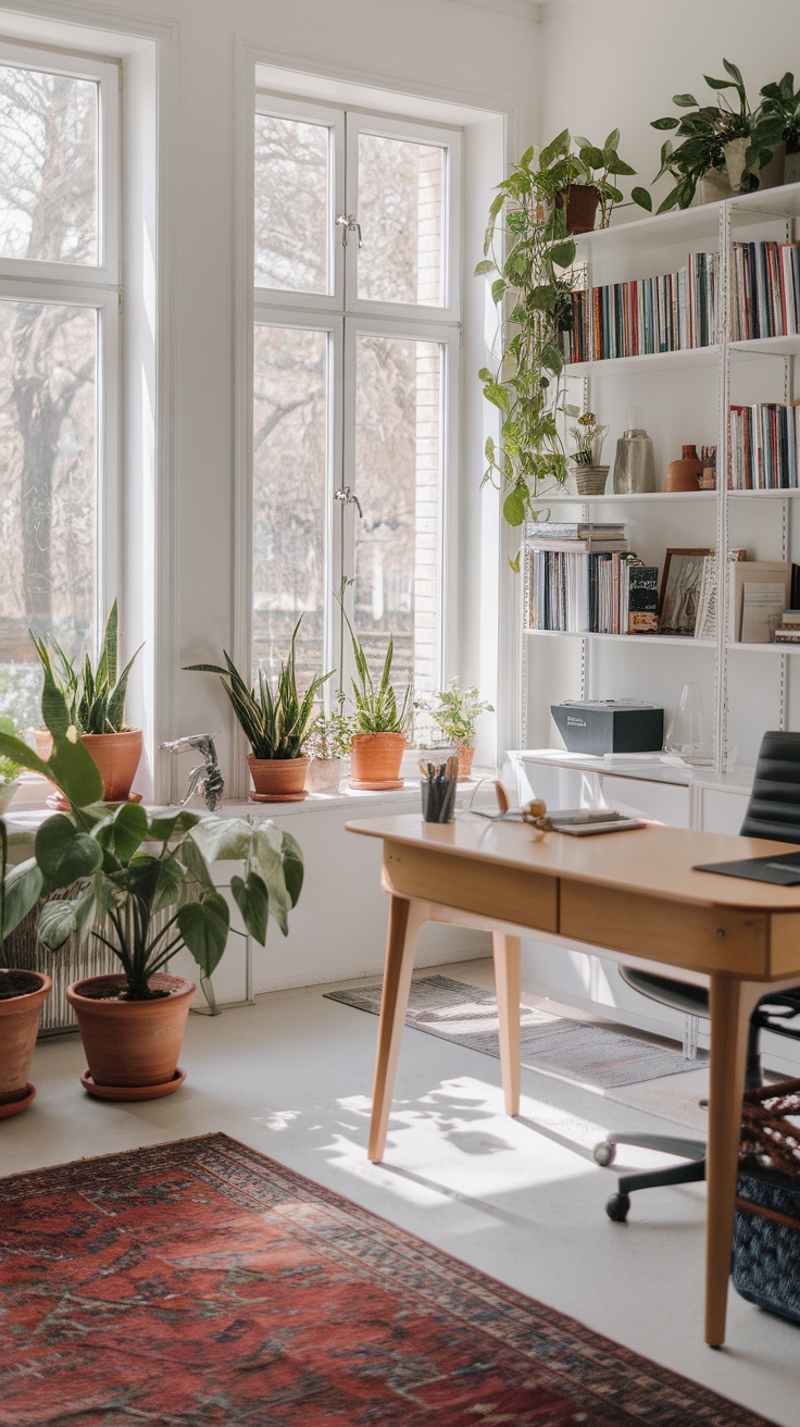 A bright home office with large windows, plants, and a wooden desk.