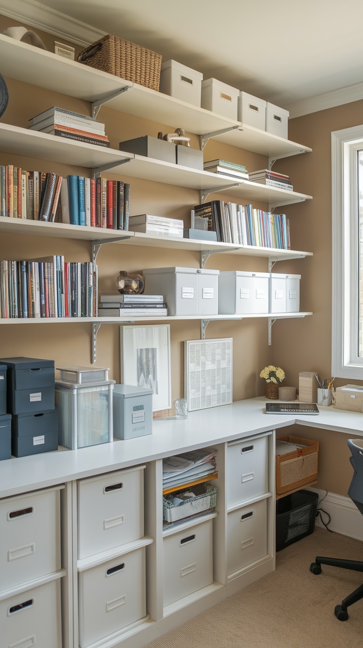 A well-organized home office with shelves, boxes, and a clean workspace.