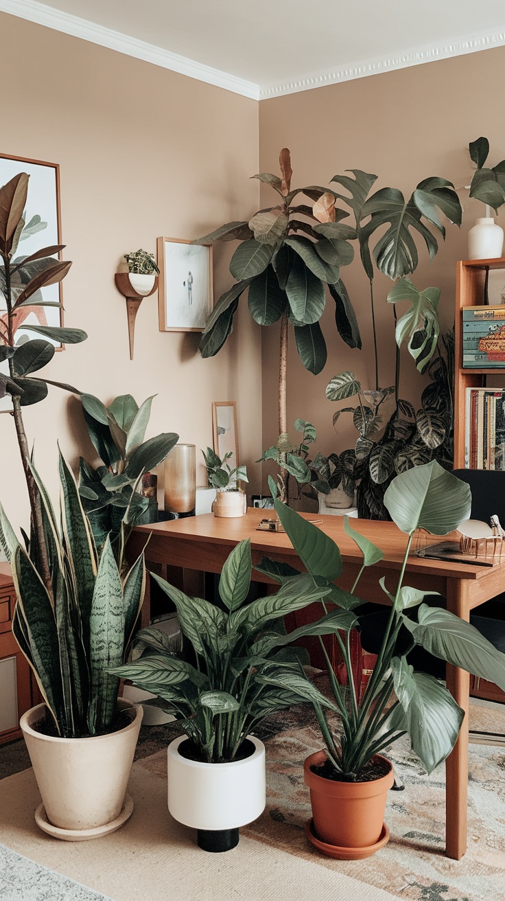 Home office with various indoor plants enhancing the space.