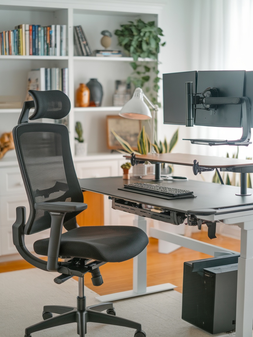 A modern ergonomic desk setup with a supportive chair, dual monitors, and a clean workspace.