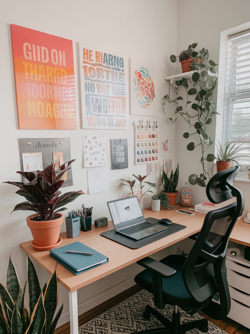 A cozy home office featuring colorful wall art, plants, and a desk setup.