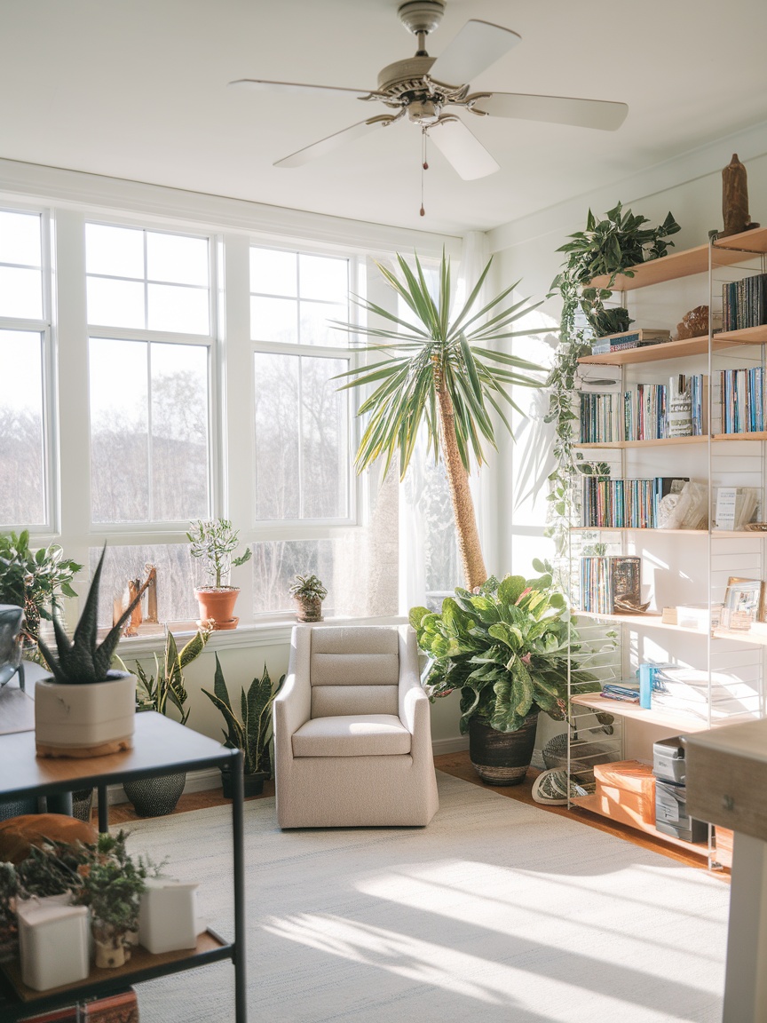 Bright home office with large windows, plants, and a comfortable chair