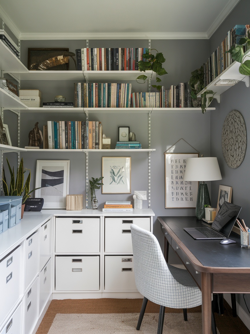 A stylish home office featuring organized shelves, storage solutions, and a clean desk setup.