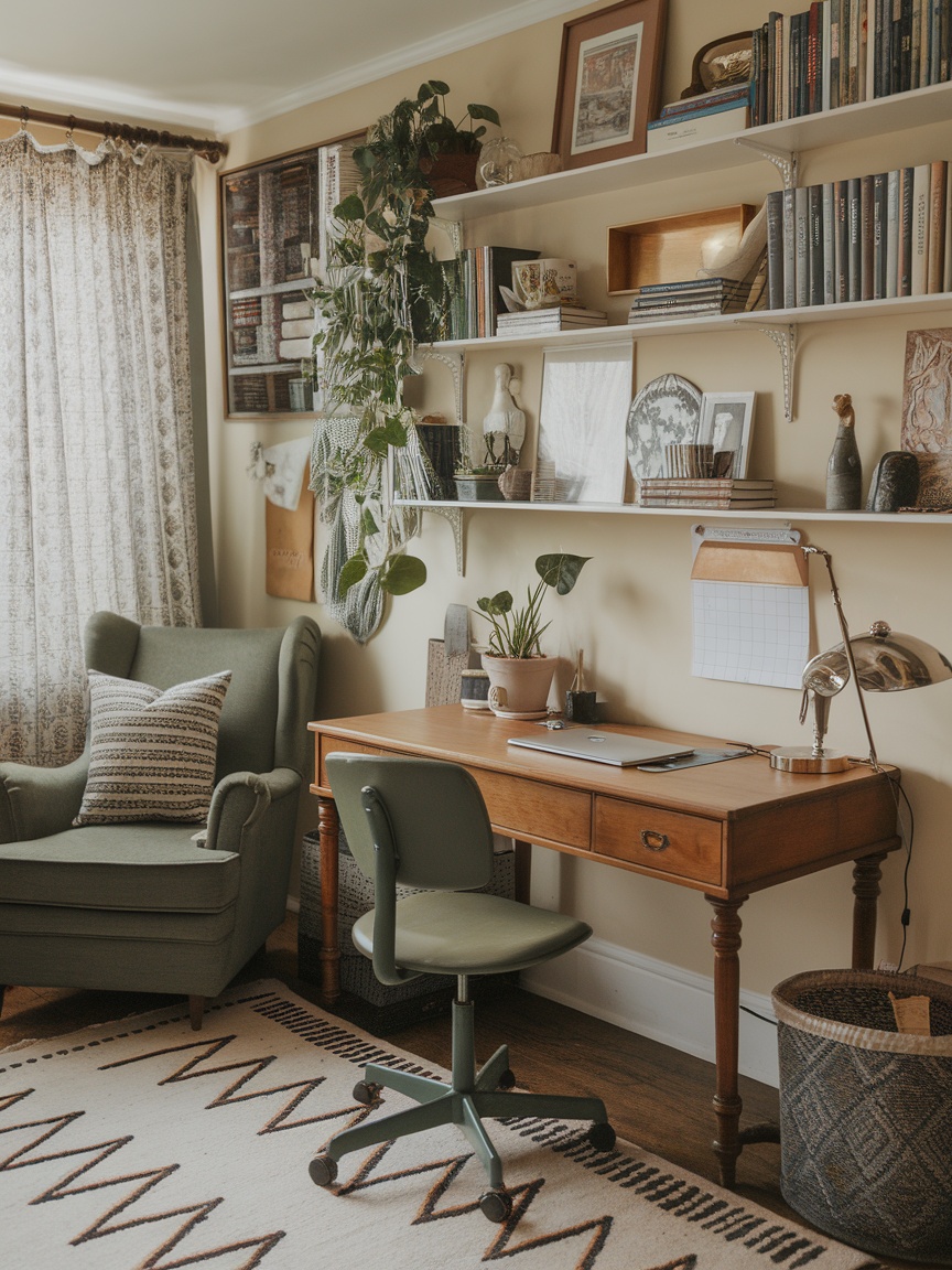 A cozy home office with a wooden desk, a green chair, plants, and decorative shelves.